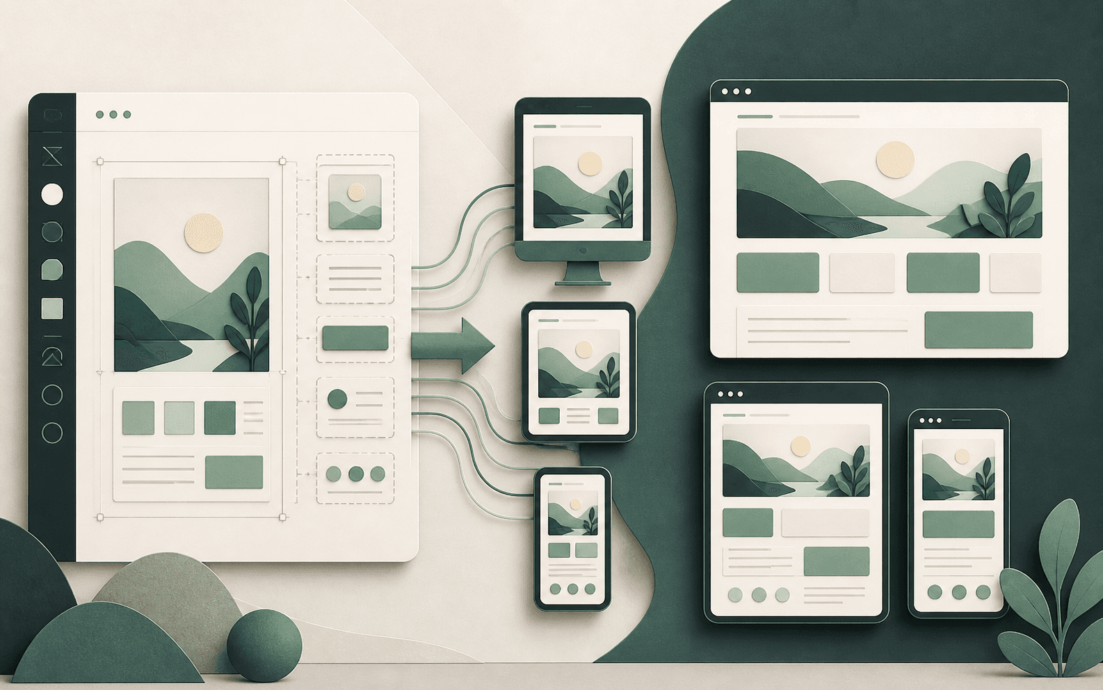 Design canvas flowing into responsive browser layouts across desktop, tablet and mobile